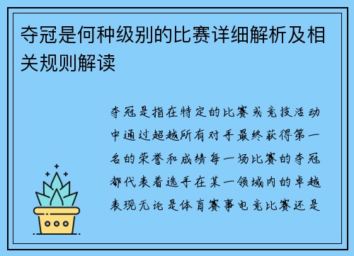 夺冠是何种级别的比赛详细解析及相关规则解读